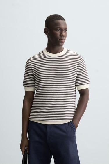 STRIPED KNIT T-SHIRT - White / Grey by Zara