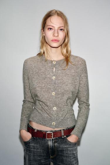 CONTRAST KNIT CARDIGAN WITH BELT - Grey marl by Zara