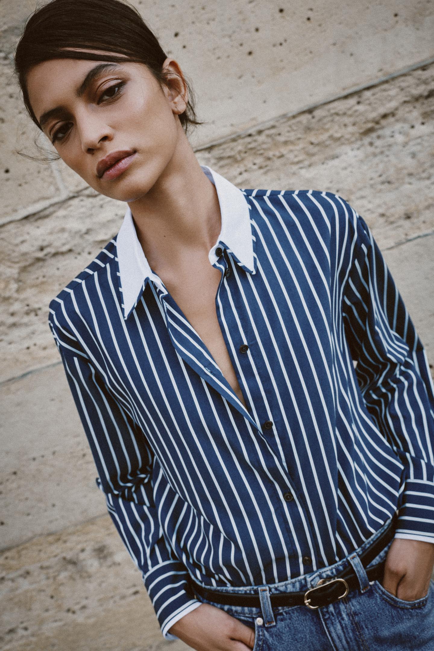 Женская рубашка Zara Striped Poplin, цвет: Синий / Тёмно-синий — фото 2