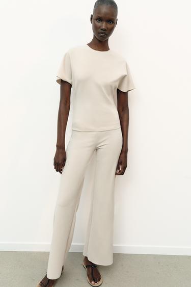 STRETCH WIDE-LEG TROUSERS - Ecru by Zara