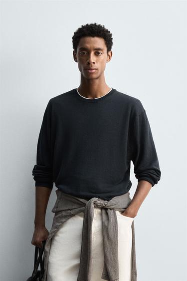 Zara LIGHTWEIGHT 100% HEMP SWEATER - Navy blue