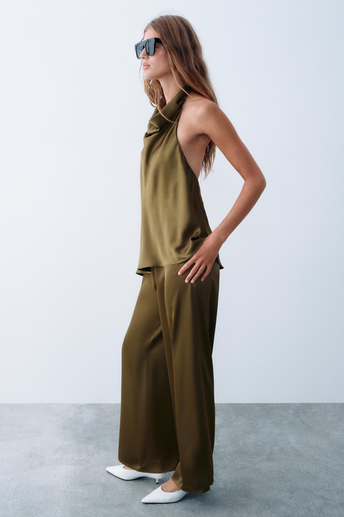 Женский комбинезон Zara Satin Halter Jumpsuit, цвет: Тёмный оливковый — фото 5