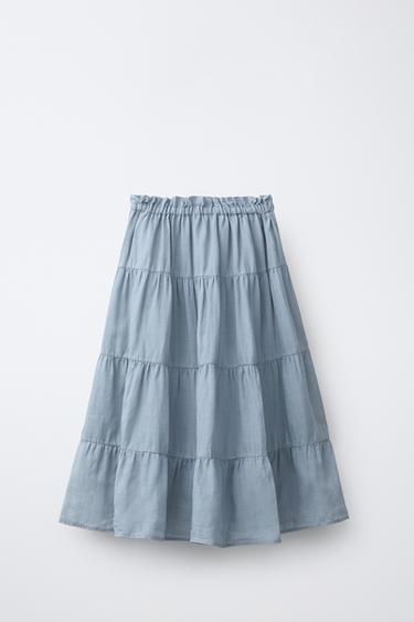 100% RAMIE PANELLED MIDI SKIRT - Blue / Grey by Zara - Image 1
