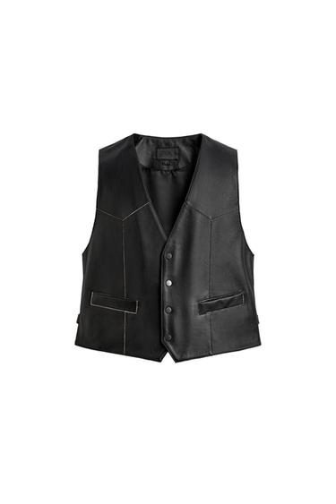 Zara LEATHER VEST WITH CONTRAST STITCHING - Black