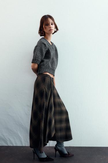 Zara PLAID MIDI SKIRT - Black / Brown