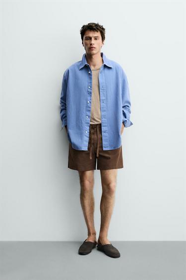 COTTON/LINEN RELAXED FIT BERMUDA SHORTS - Brown by Zara