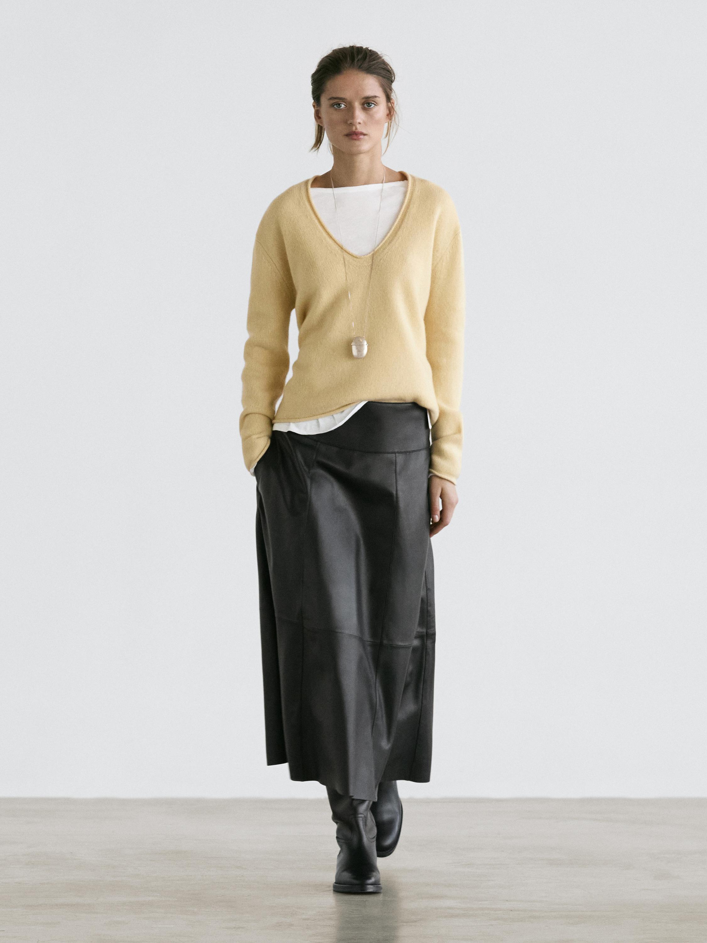 Nappa leather midi skirt with seams