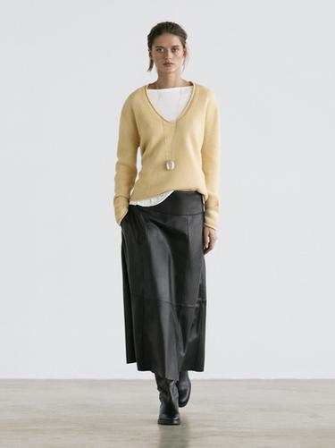 Jupe midi coutures en cuir nappa - Noir de Zara - Image 0