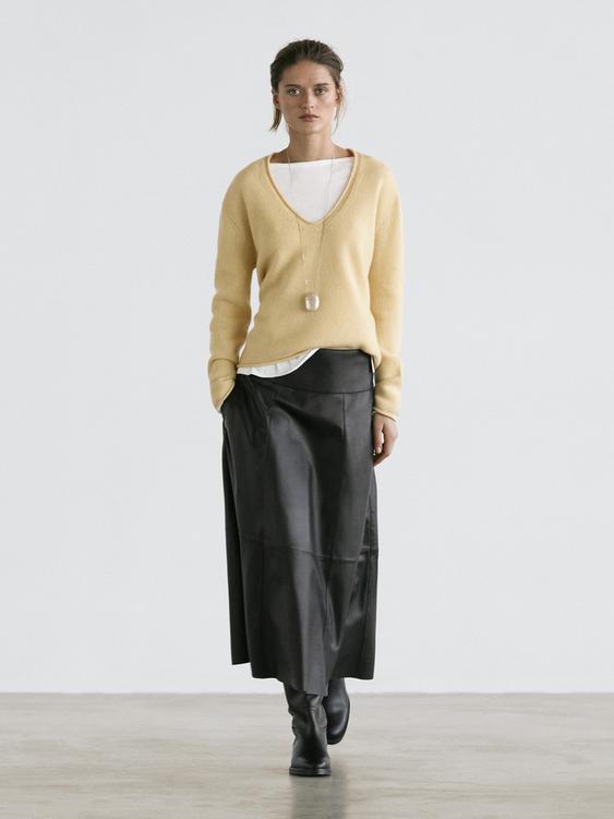 Nappa leather midi skirt with seams