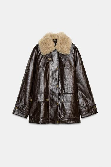 FAUX FUR COLLAR JACKET ZW COLLECTION - Brown by Zara