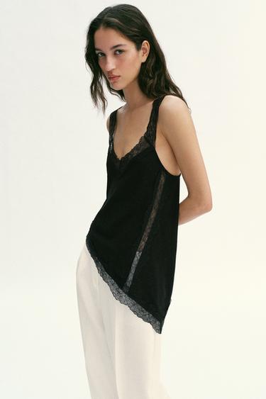 Zara ASYMMETRIC RUSTIC LACE TOP - Black