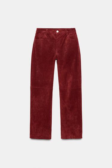 PANTALÓN PIEL 100% TIRO MEDIO - Rojo oscuro de Zara - Imagen 0