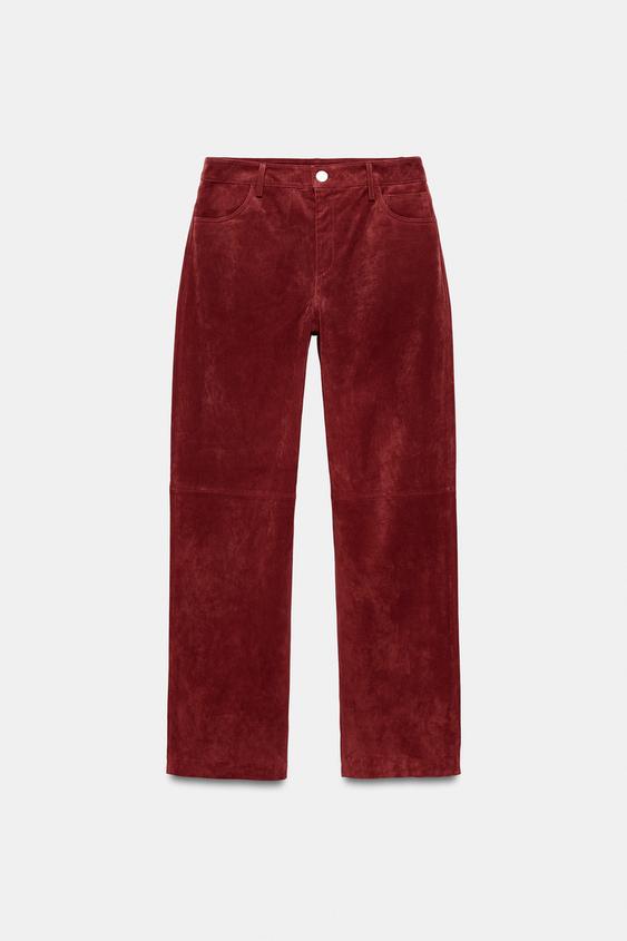 CALÇA DE COURO 100% CINTURA MÉDIA - Vermelho-escuro da Zara - Imagem 0