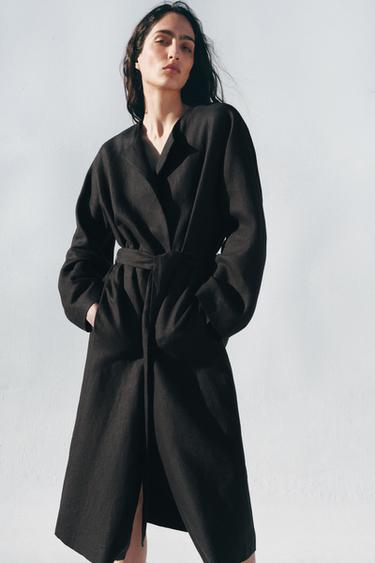 ПАЛЬТО ZW COLLECTION ЗІ 100% ЛЬОНУ З ПОЯСОМ - Чорний Zara