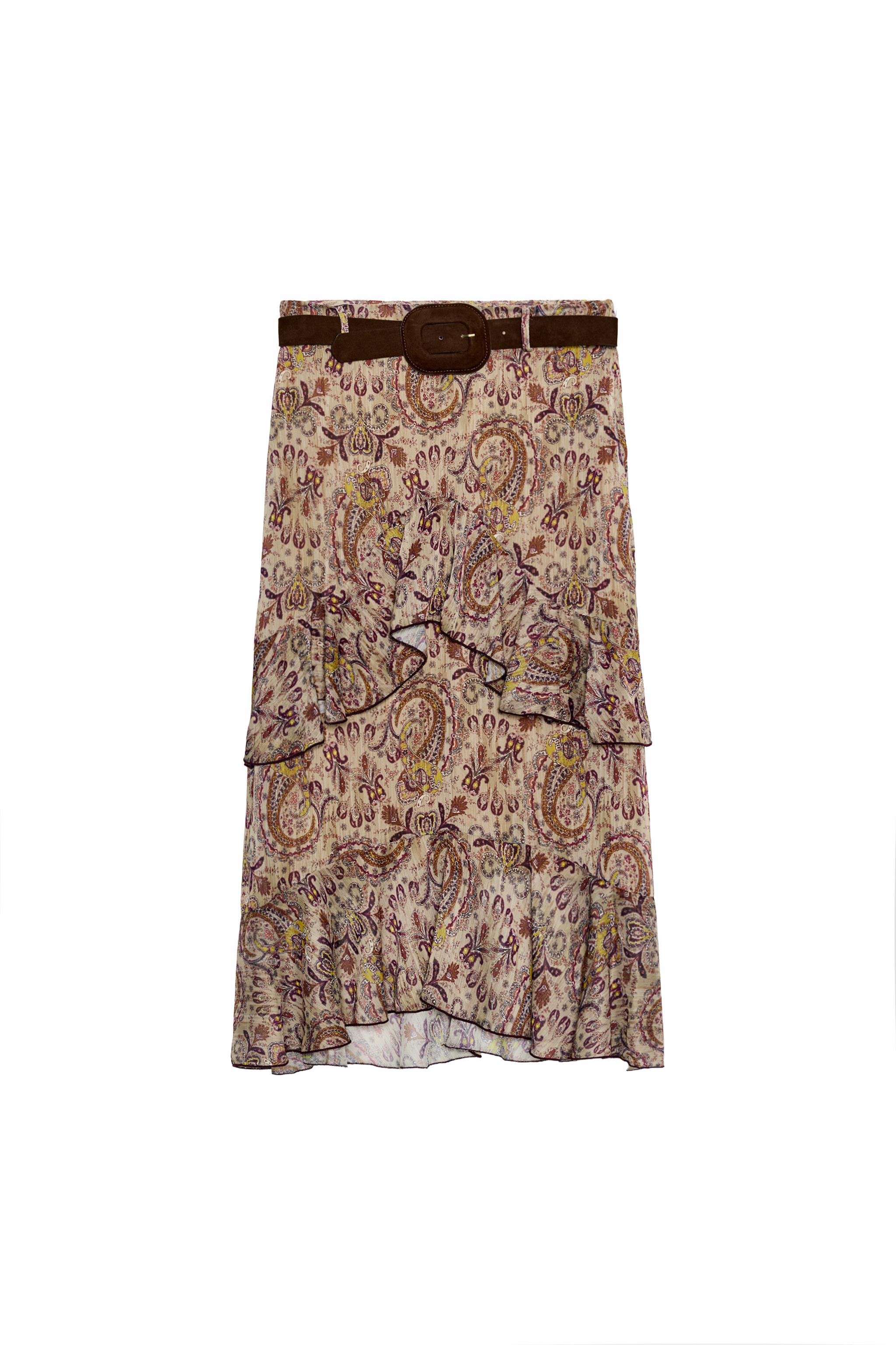 FALDA MIDI ESTAMPADA VOLANTES CINTURÓN
