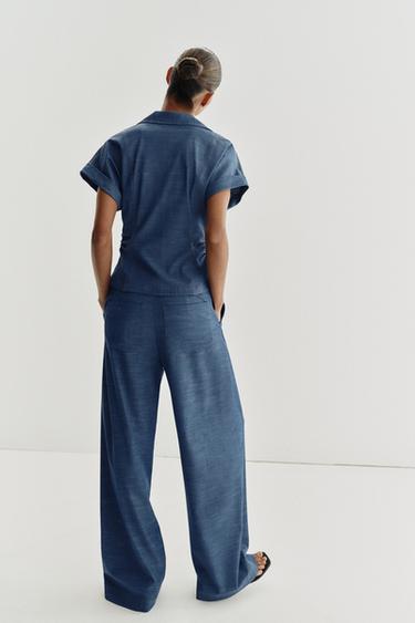 PANTALON LARGE À TAILLE CROISÉE - Bleu de Zara - Image 4