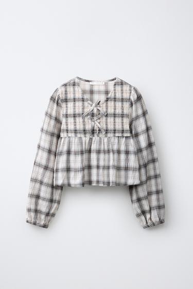 BLUSA CUADROS LAZOS - Crudo de Zara
