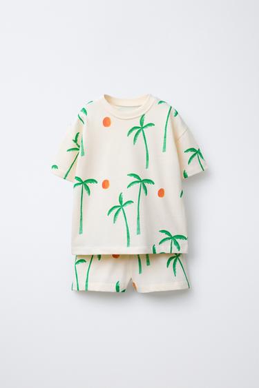 Zara PALM TREE T-SHIRT AND BERMUDA JOGGING SET - Ecru