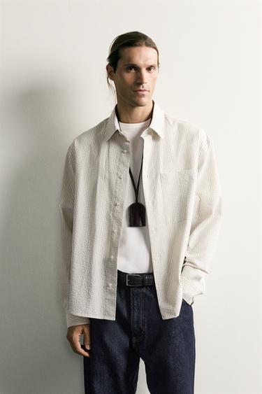 Zara TEXTURED RELAXED FIT POCKET SHIRT - Ecru / Black