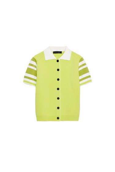 Front view of a fluorescent lime polo shirt with a white shirt collar, short sleeves with stripes, and black button front fastening.