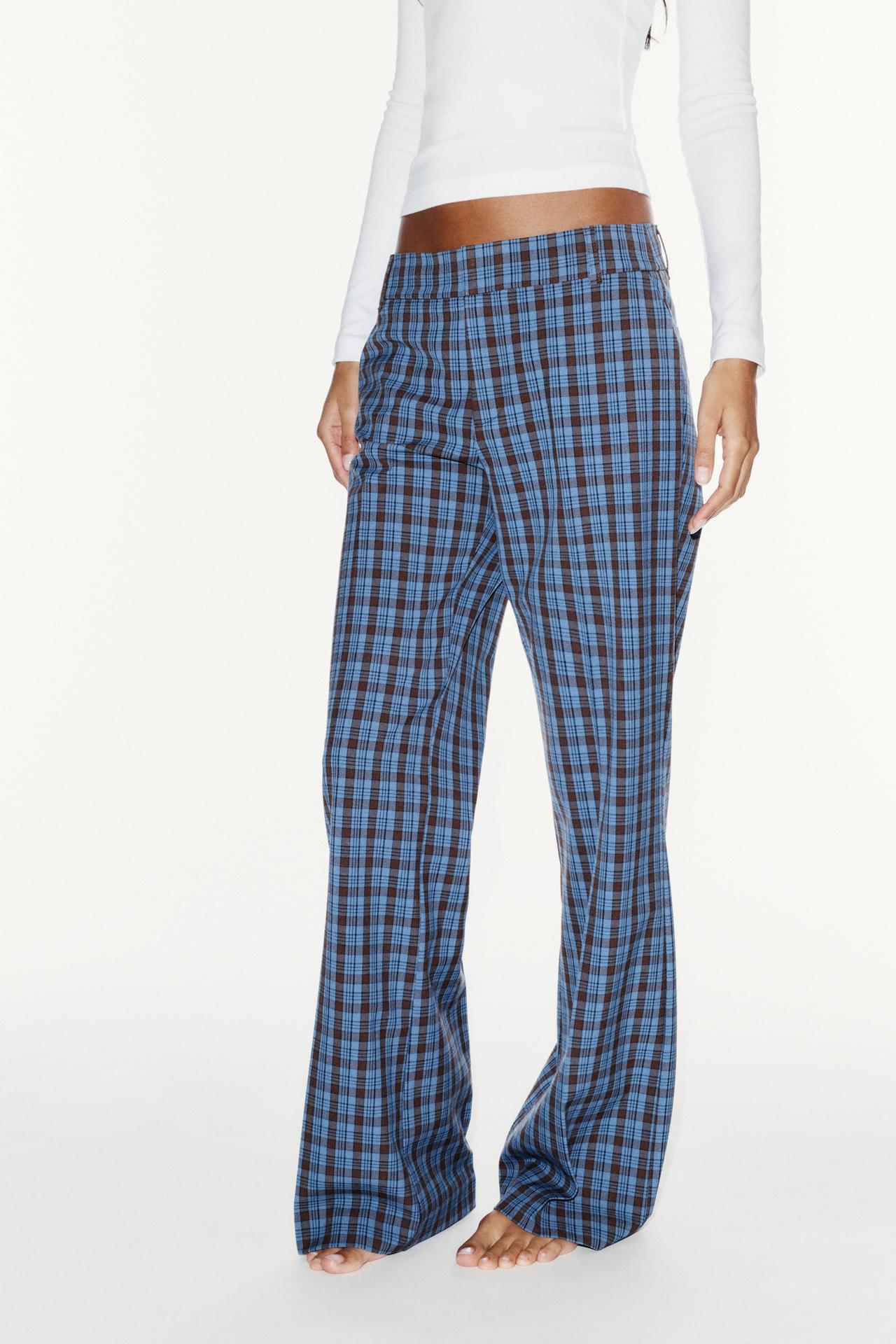 LOW-RISE STRAIGHT-LEG PLAID PANTS — Blue