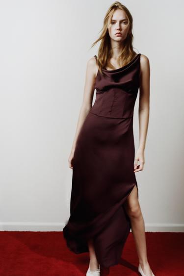 VESTIDO SATINADO ESCOTE DRAPEADO - burdeos/crudo de Zara