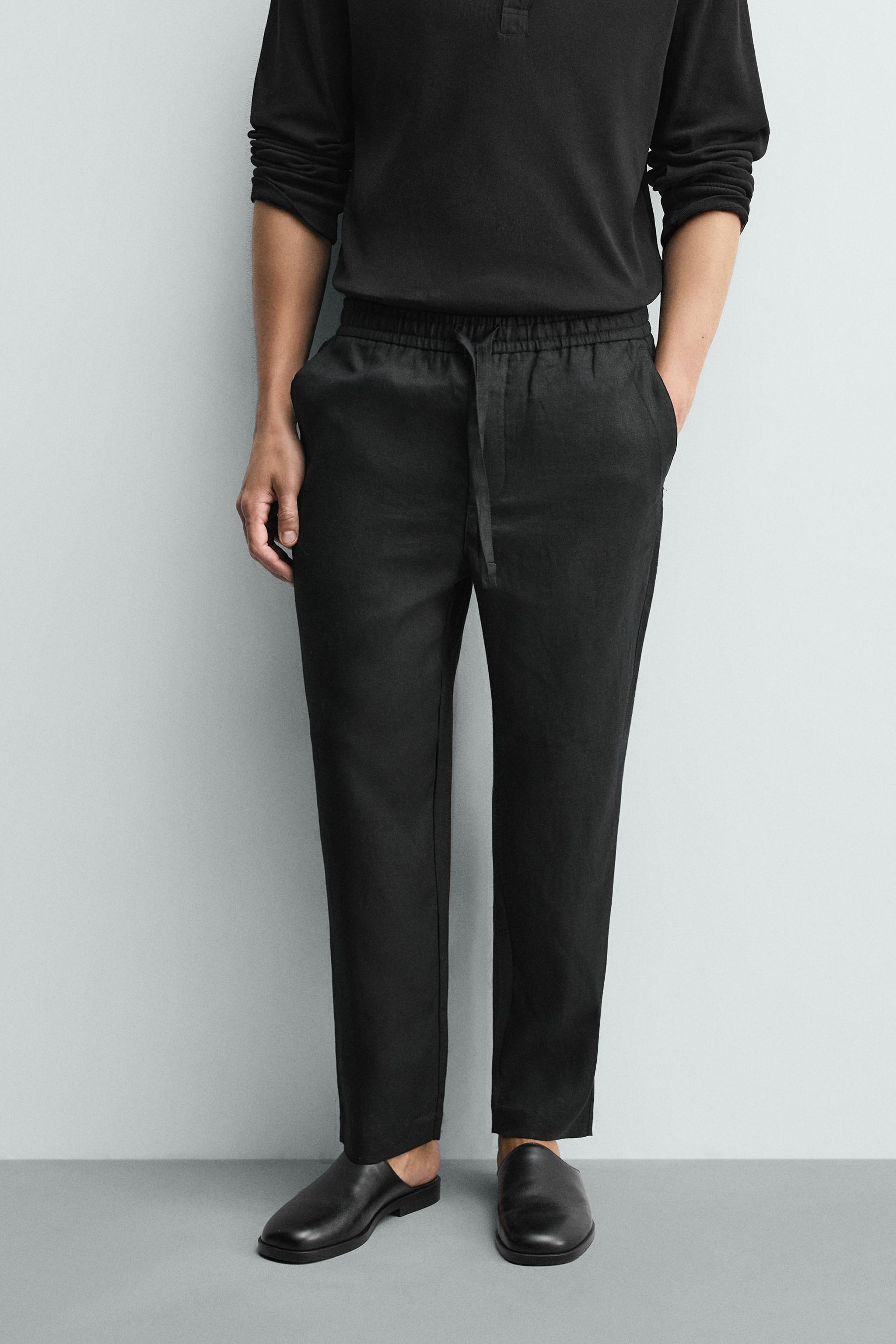RELAXED FIT 100% LINEN PANTS — Black