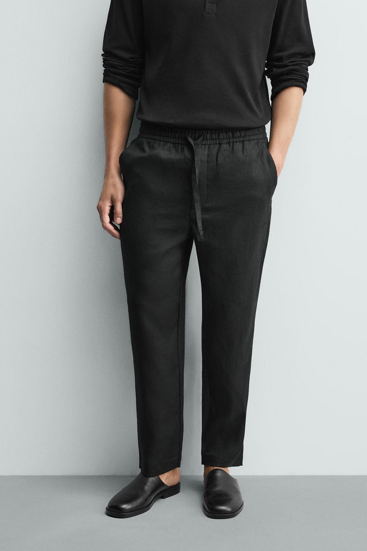 100% LINEN RELAXED FIT PANTS — Black