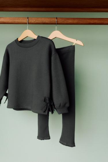 Zara LACE BOW SWEATSHIRT AND WAFFLE LEGGING SET - Anthracite grey