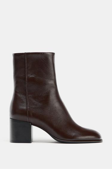 LEATHER ANKLE BOOTS WITH BLOCK HEEL - Chocolate Brown by Zara