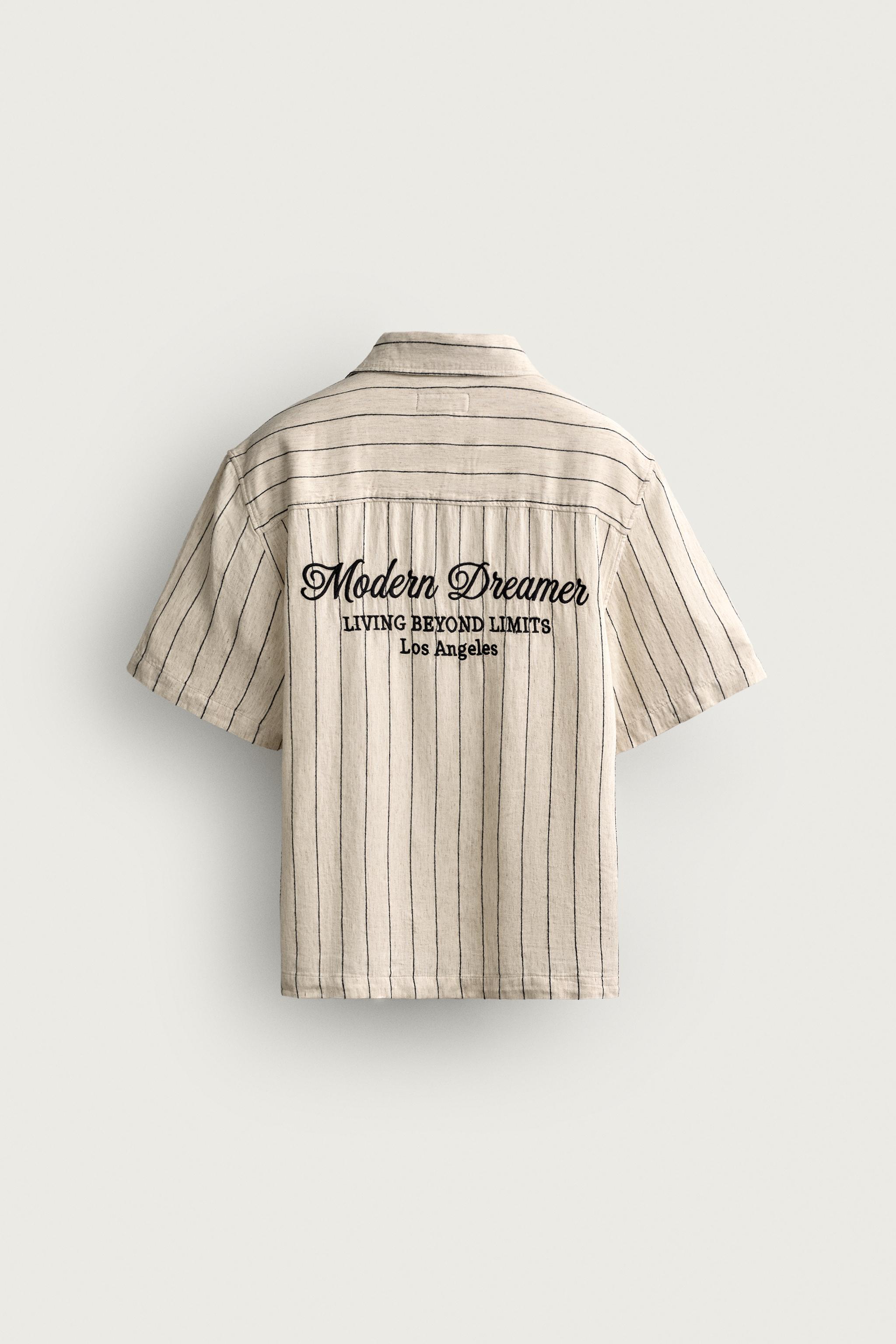 Мужские рубашки Zara RELAXED FIT EMBROIDERED STRIPE SHIRT — фото 8
