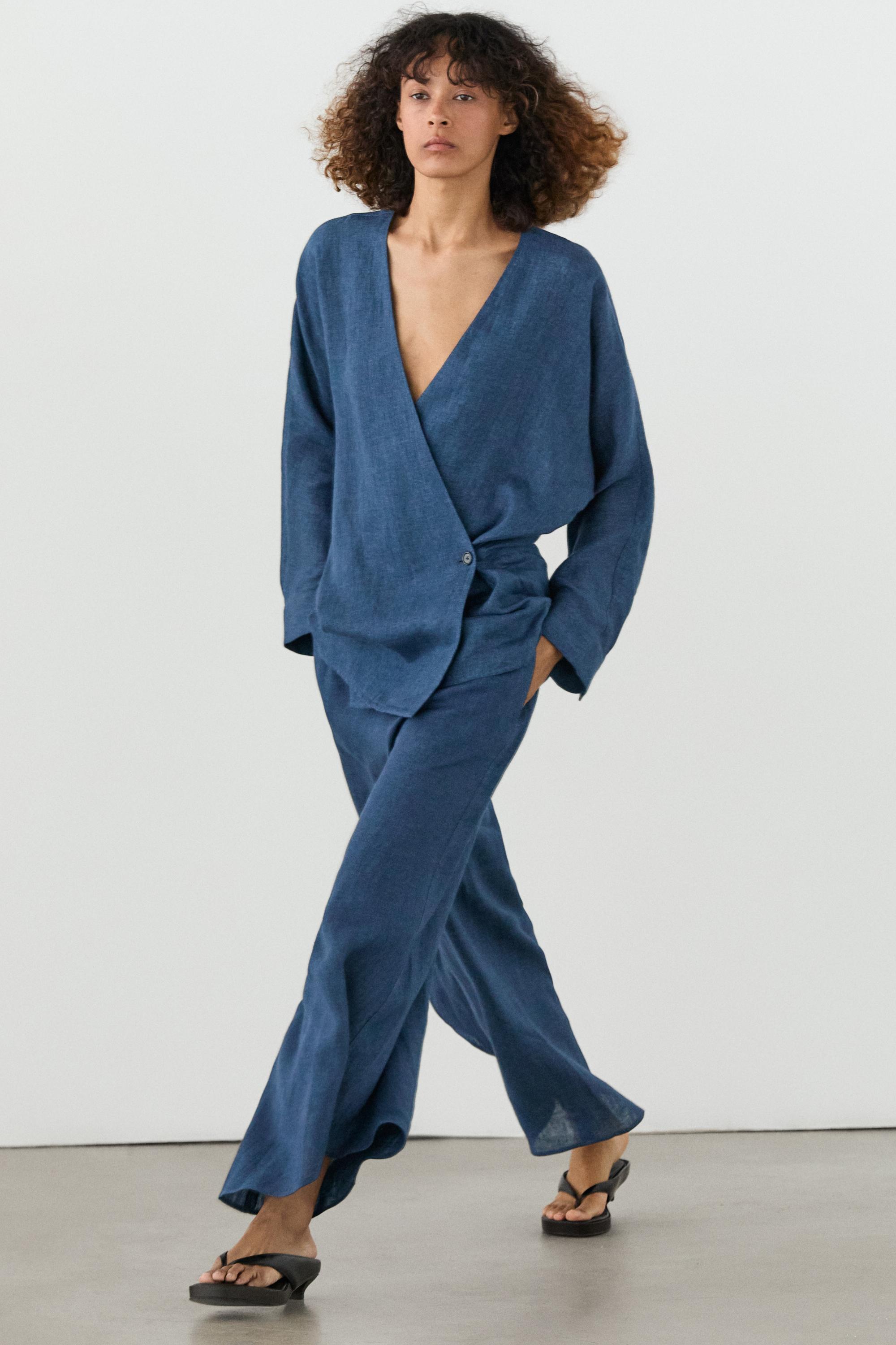 Linen total look denim-effect kimono