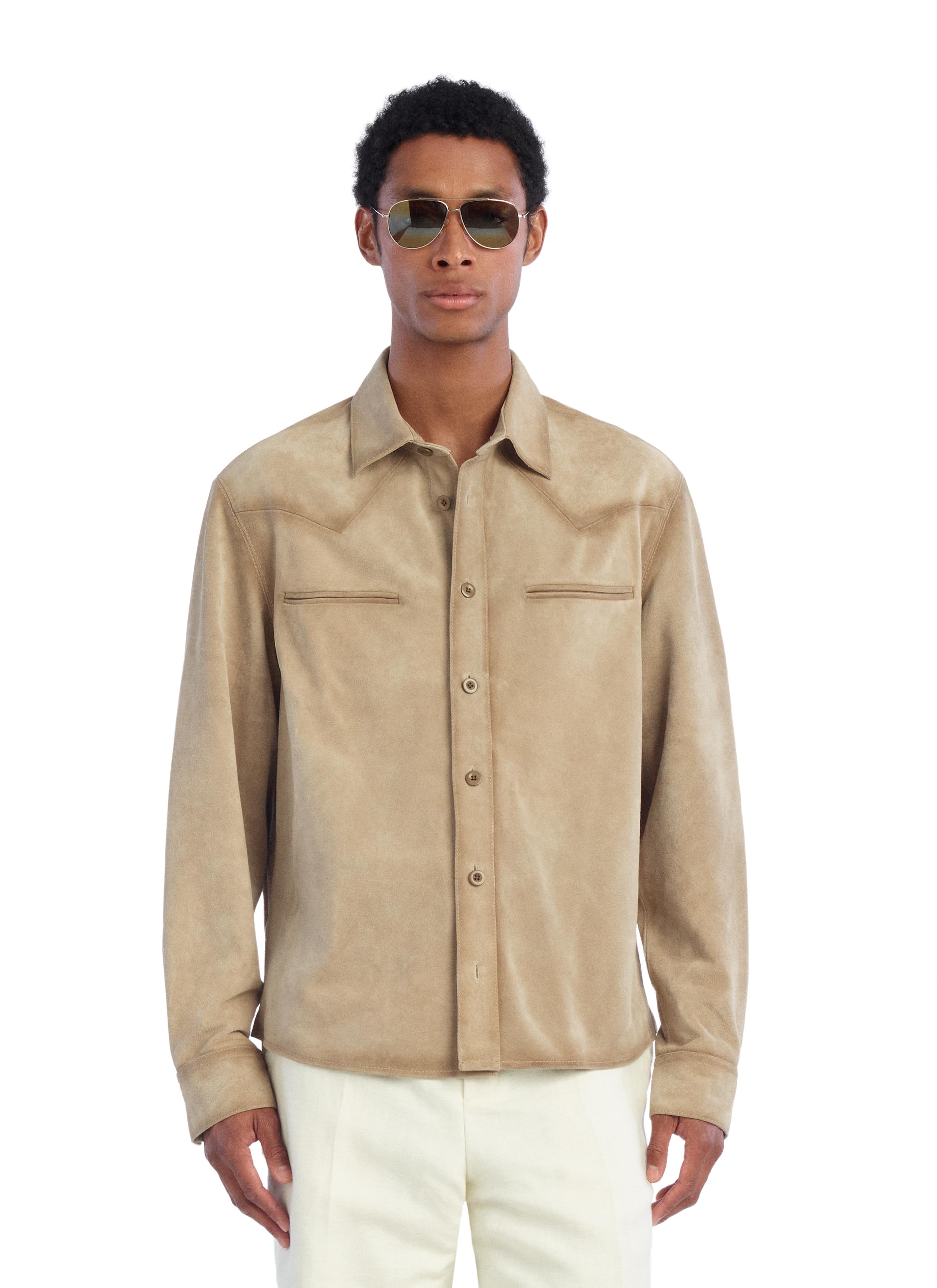 REGULAR FIT SUEDE LEATHER OVERSHIRT — Brown / Taupe
