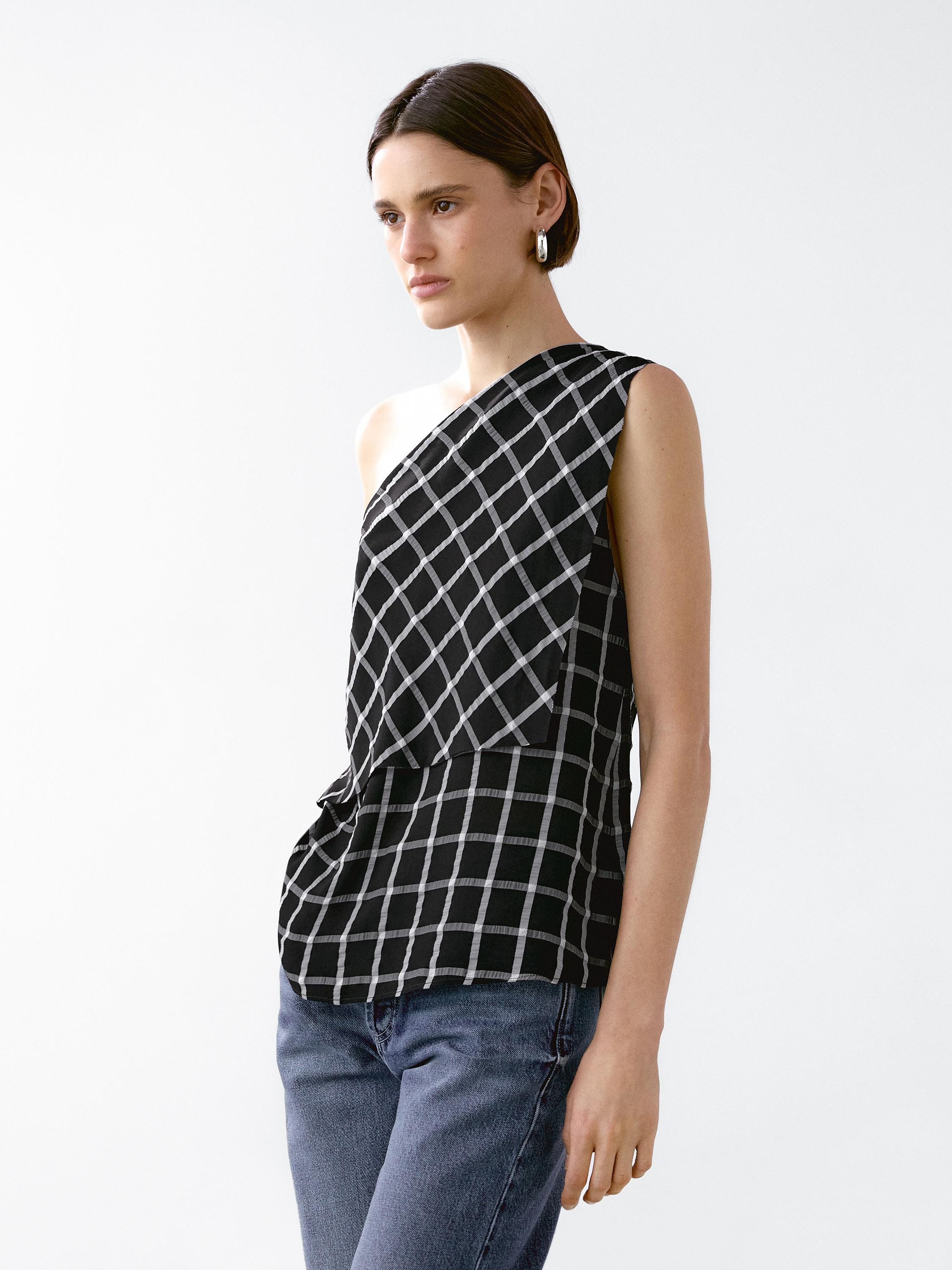 Checked top with asymmetric neckline - Black | ZARA United