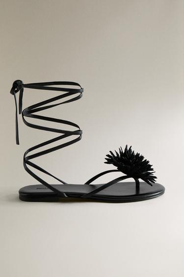 LEATHER SANDALS WITH FLOWER DETAIL - Black by Zara - Image 1