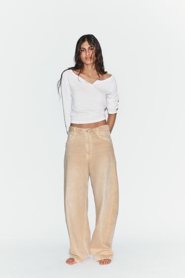 Zara TRF MID-RISE FOLDED WAIST JEANS - taupe brown