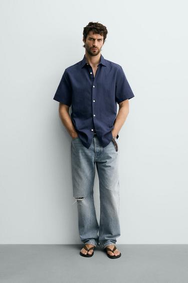 TEXTURED LINEN/COTTON SHIRT - Navy blue by Zara
