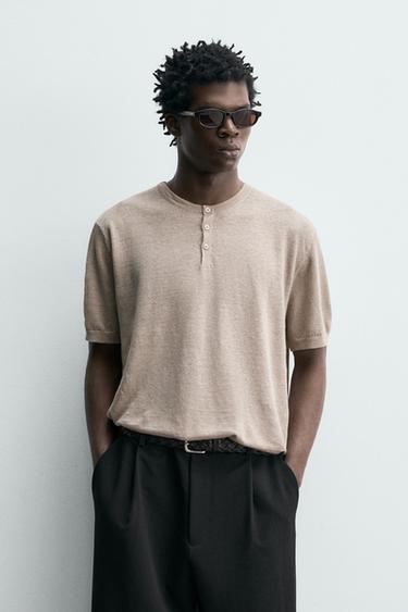 100% LINEN KNIT HENLEY T-SHIRT - Sand by Zara