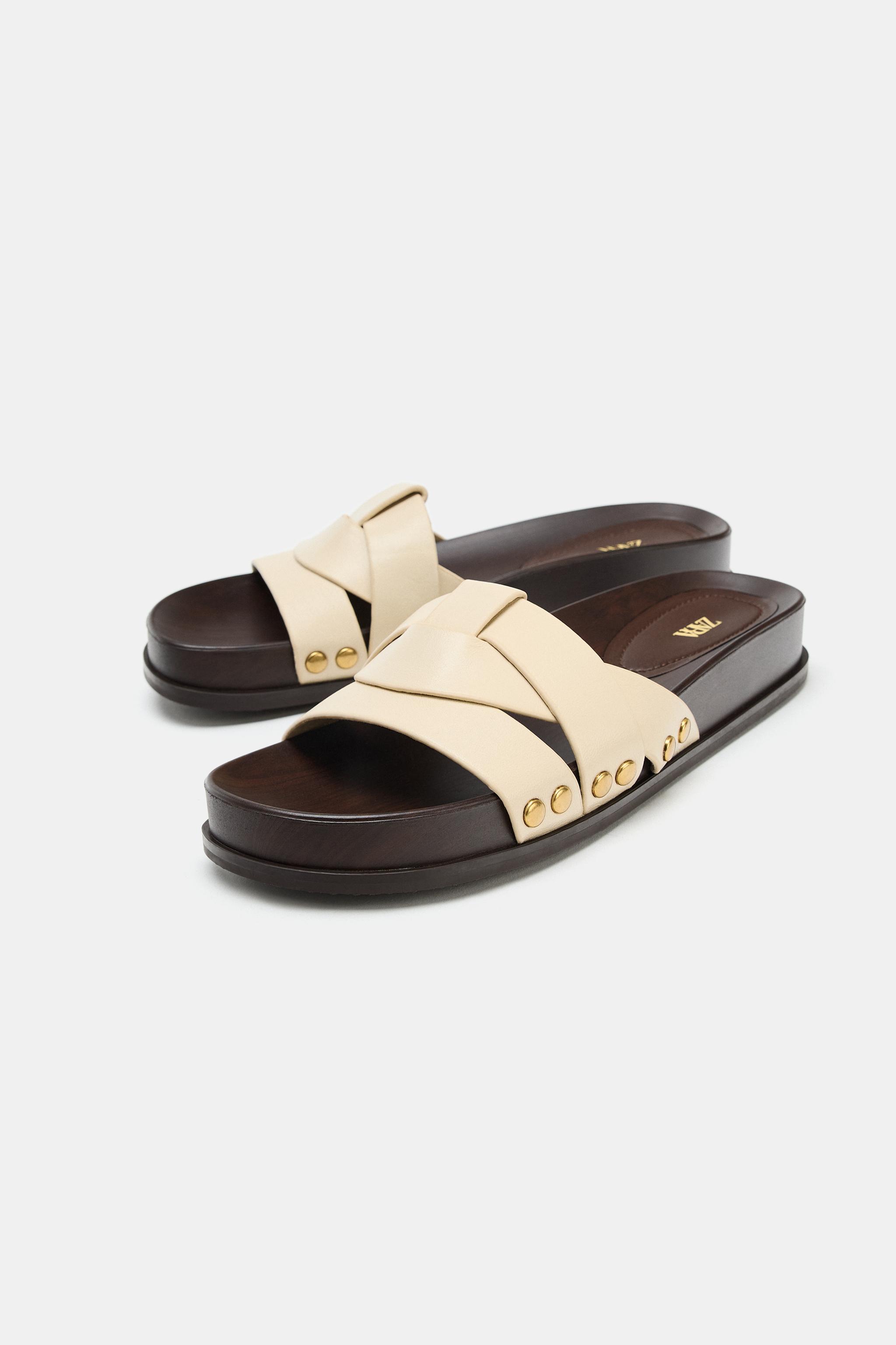 Женские сандалии Zara CROSSOVER FLAT LEATHER SANDALS — фото 4