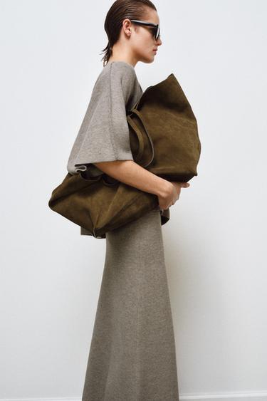 SPLIT SUEDE MAXI TOTE BAG - Khaki Green by Zara