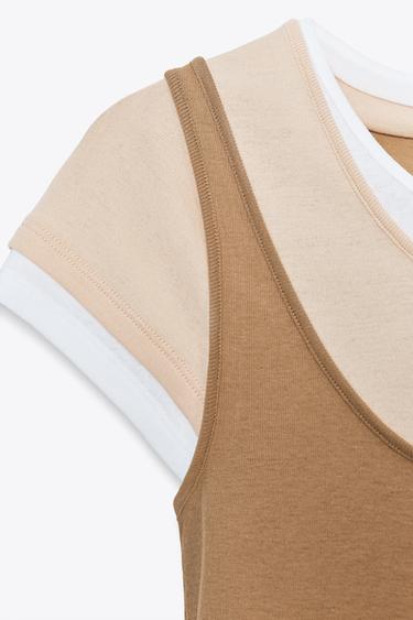 CONTRAST LAYERED T-SHIRT - Light brown by Zara - Image 6