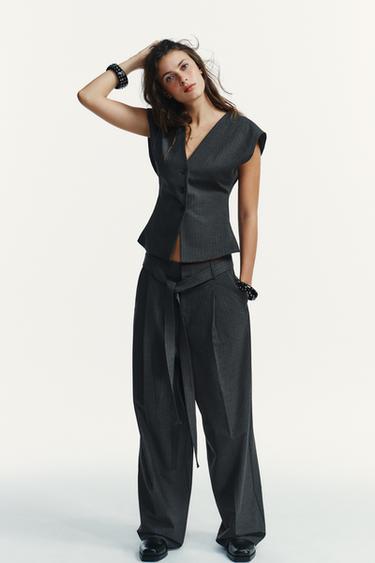 PINSTRIPED TROUSERS WITH BELT - Charcoal grey by Zara - Image 0