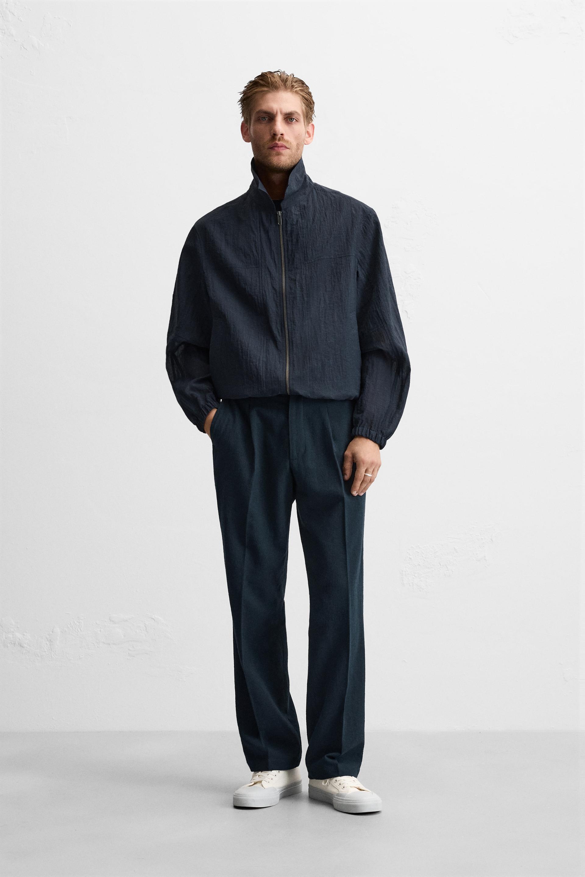 COTTON LINEN BLEND SEERSUCKER PANTS - Navy blue | ZARA United States