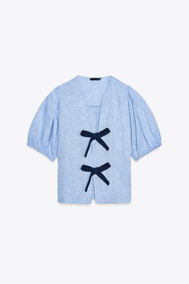 BLUSA LAZOS CON LINO - Azul de Zara