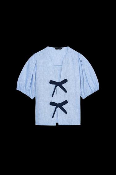 LINEN BLEND TIE BLOUSE - Blue by Zara