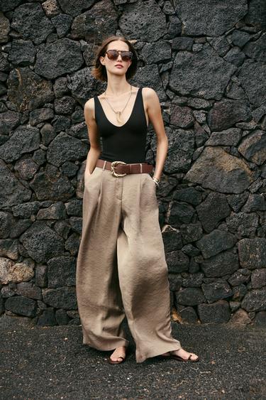 BELTED WIDE-LEG SATIN TROUSERS - Brown / Taupe by Zara - Image 6