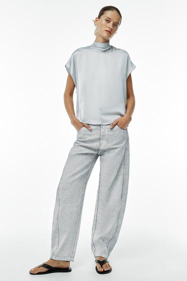 Zara ZW COLLECTION TAPERED COATED MID-RISE JEANS - Blue