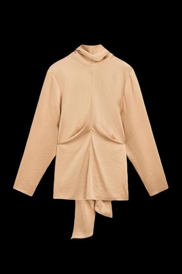 Zara Flowing satin blouse with tie detail - STUDIO - DARK KHAKI - Image 0