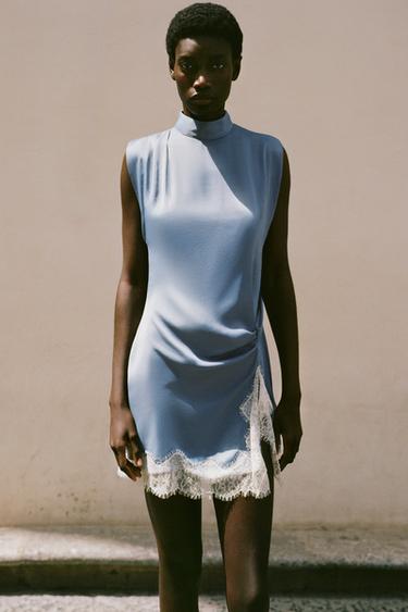 VESTIDO SATINADO ENCAJE - Azul / Acero de Zara - Imagen 0