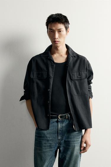 RELAXED FIT LINEN/COTTON OVERSHIRT - Black by Zara